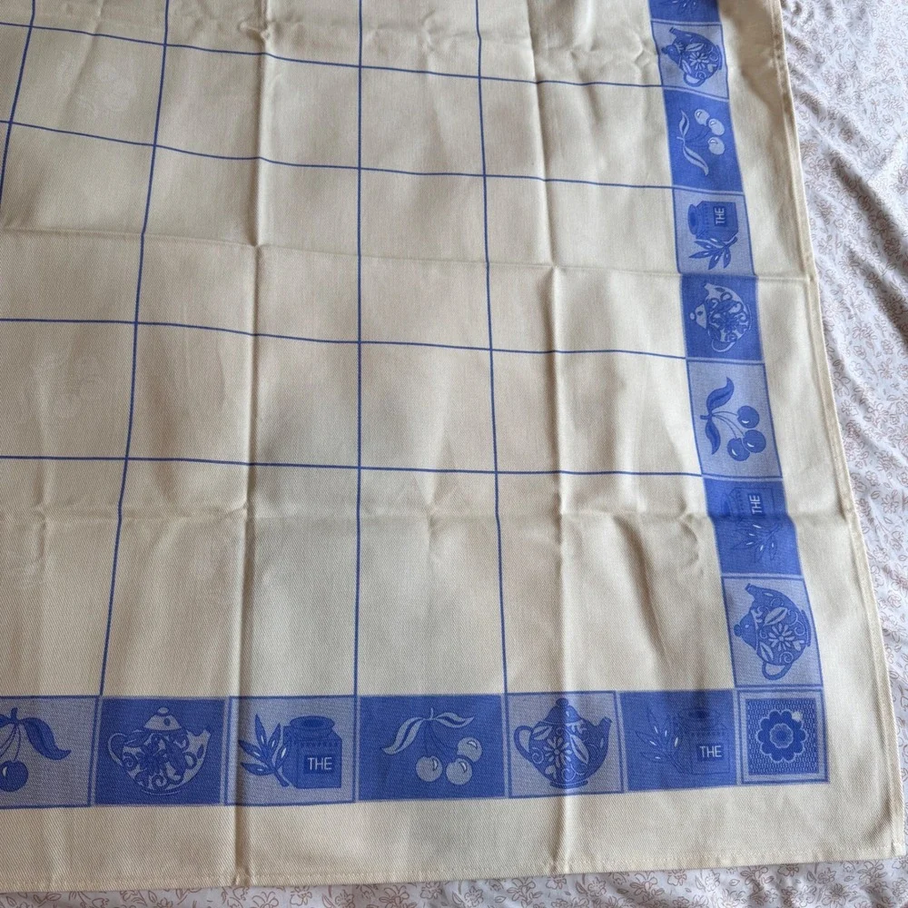 Vintage Blue Cream Cotton Tablecloth Teapot Cherry French Country 38x37